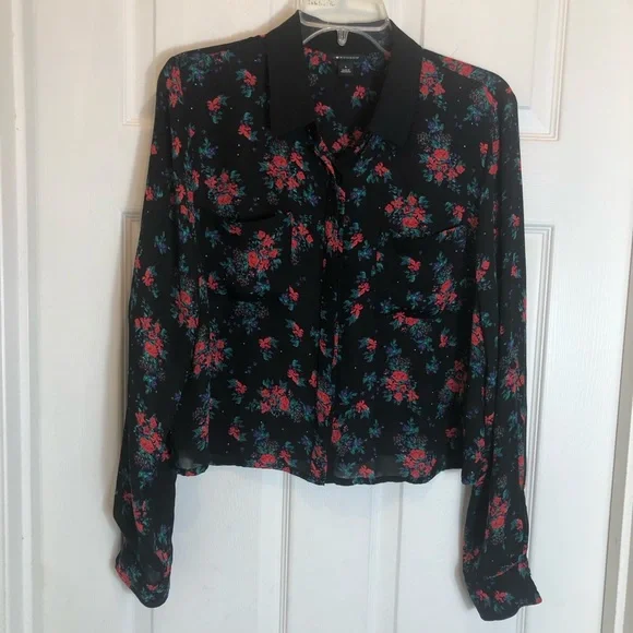 I Heart Ronson Button Down Black Floral Blouse Size L - Picture 1 of 11